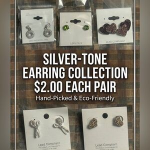 Silver-Tone Earring Collection - Sparkling Studs & Hearts 1- Of Each Per Order